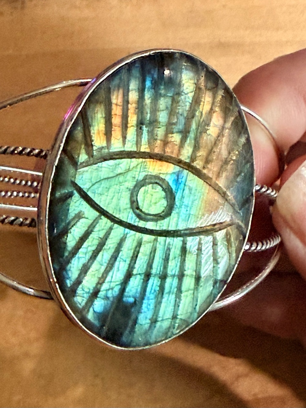 Awesome Super Flashy XXL Labradorite Evil Eye Cuff Bracelet - 925 Plated/Stamped